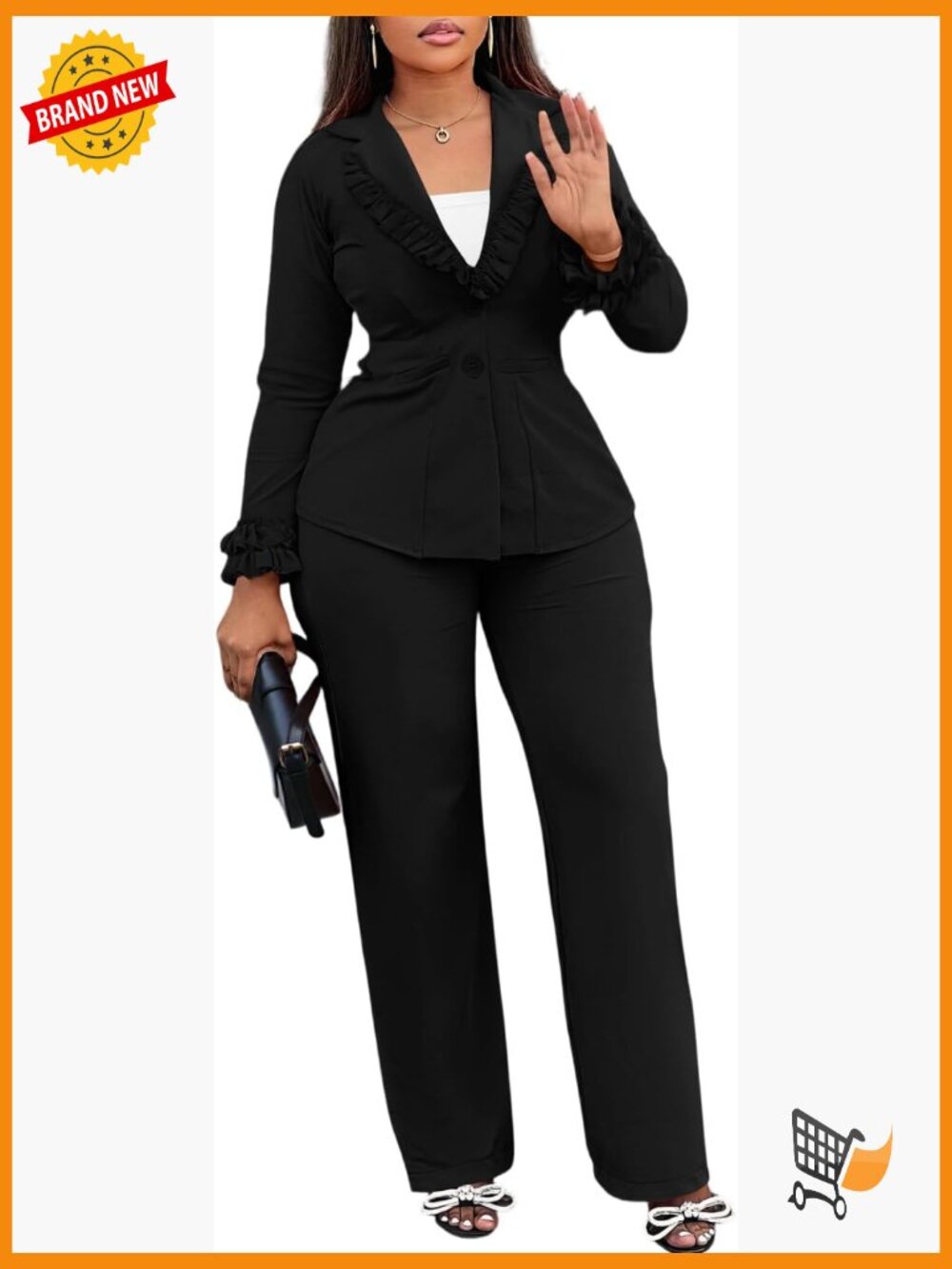 2 Piece Blazer Set Ruffle Sleeve Business Pencil Pant Suit Elegant Office Outfit